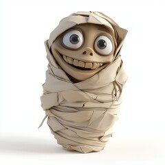 3D Render, Low Poly style of a smiling mummy wrapped in bandages, peeking out with curious eyes, on isolated