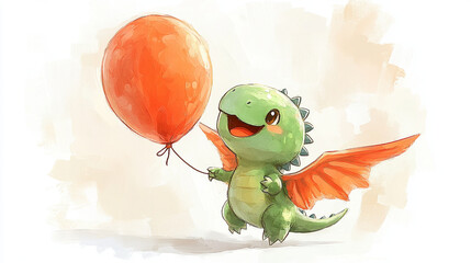 a cute green dino with wings with red balloon