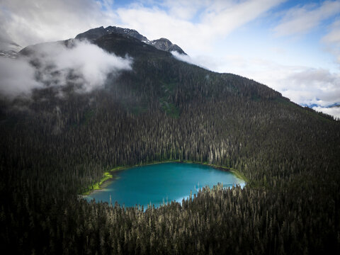 Aerial view of serene forest and tranquil lake surrounded by clouds and fog, Agassiz, Canada.