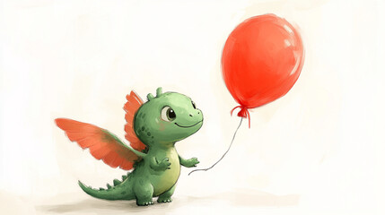 a cute watercolor painted green dino with wings with red balloon