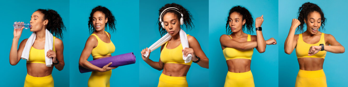 A young African American woman in a yellow workout outfit is captured while drinking water, stretching with a yoga mat, adjusting her towel, and checking her fitness tracker.