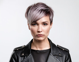 Woman portrait with short hair wearing biker black leather jacket looking serious face on white background