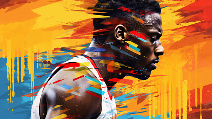 African american male athlete on abstract colorful background. Sport and healthy lifestyle concept. - Powered by Adobe