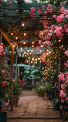 Romantic Garden Pathway with Pink Flowers and String Lights