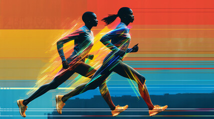 Fototapeta premium African American man and woman running in abstract background. Sport, fitness and healthy lifestyle concept. Double exposure