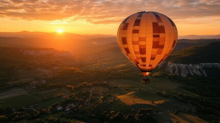 Obraz premium Couple watching the sunset from a hot air balloon floating over a scenic valley, warm golden light, ultrarealistic detail of the balloon, landscape, and shared adventure