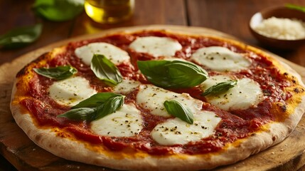 A classic margherita pizza with a thin crust, topped with fresh mozzarella, basil leaves