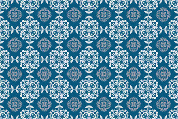 Oriental flora damask seamless pattern embroidery, art ornament print.  Design for tile, carpet, cover, wallpaper, wrapping paper, fabric, clothing, bag, and decoration.