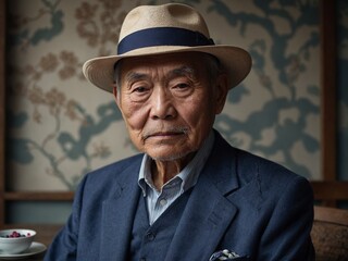 Elderly Asian man with gray hair wearing tan hat, blue suit jacket, and white collared shirt