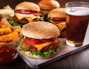 Fast food and unhealthy eating concept - close up of fast food snacks and cola drink on a dark background, top view.
