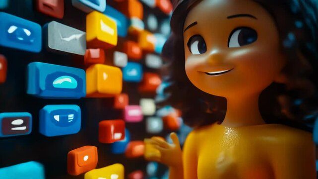 Animated Character Engaging in User-Generated Content Campaign, Encouraging Brand Interaction and Customer Creativity, Digital Marketing Concept