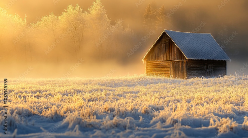 Poster a wooden barn stands in a frosted field on a tranquil winter morning. soft sunlight filters through 