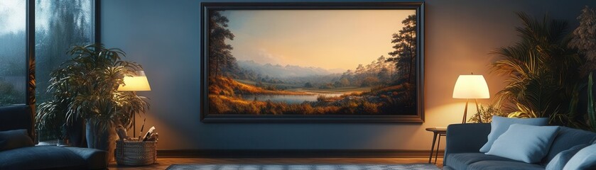 Dark frame mockup showcasing landscape artwork in a cozy living room, soft ambient lighting, ultrarealistic detail of frame and intricate painting