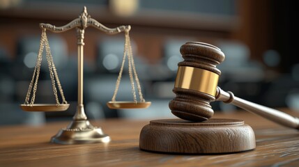 Close-Up of Gavel and Scales in Courtroom Setting