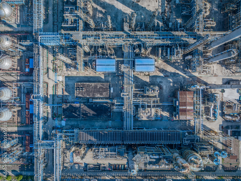 Sticker Aerial view of pipeline equipment at oil refinery and chemical plant