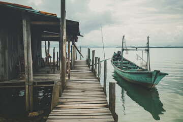 Aerial view of local fisher man house on the beach with fisher man boat, Landscape view of house near the beach with wooden dock for small boat.	