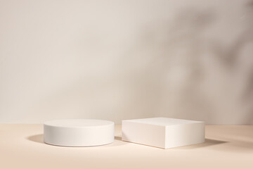 Beige background for product presentation with shadows and light. Empty round podium. Mockup