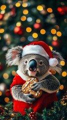Xmas vibes - christmas mood - happy funny cute koala bear wearing santa claus hat in front of christmas tree. Vertical banner for instagram story, reel or tiktok
