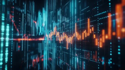 Abstract digital background depicting a futuristic financial graph, highlighting trading, stocks, or cryptocurrency market analytics with glowing blue and orange bars.