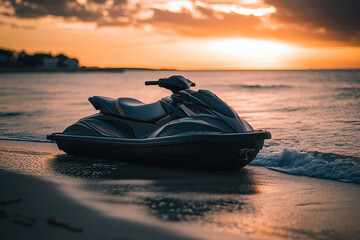 Selective focus black jet ski on the beach with sunset view, Recreation activity on the beach.