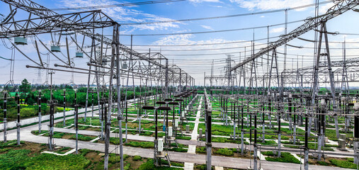 High voltage substation electricity tower industrial equipment landscape