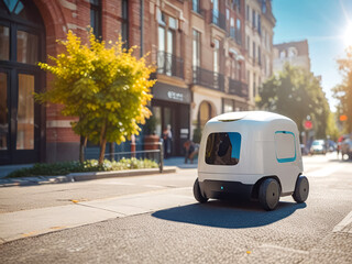Autonomous Delivery Robot Navigating City Streets on a Sunny Day