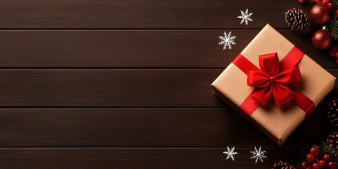 Fototapeta premium Festive Gift Box with Red Ribbon and Holiday Decor
