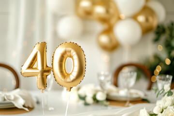 Golden helium floating balloons made in shape of number forty. Birthday jubilee party or wedding anniversary for 40 years celebration. Elegant white decorations	