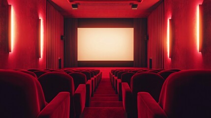A spacious and cozy cinema interior featuring plush red seats and dim lighting, creating an inviting atmosphere for film enthusiasts.