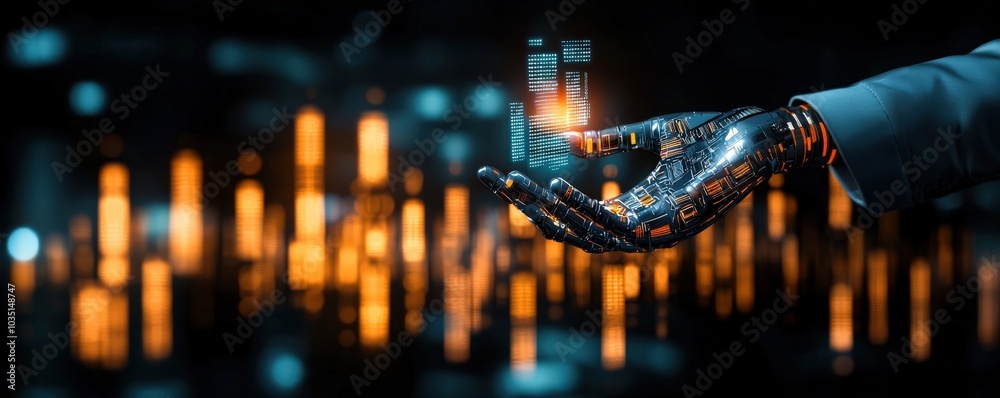 Poster futuristic robotic hand with data interface display