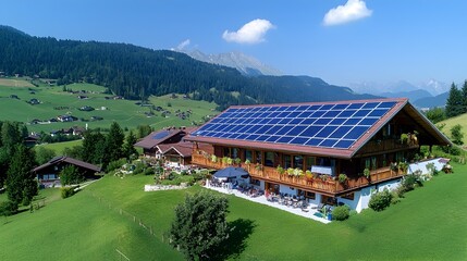 A photograph showcasing a contemporary family home equipped with advanced solar panel technology and energy saving features for a sustainable eco friendly living experience