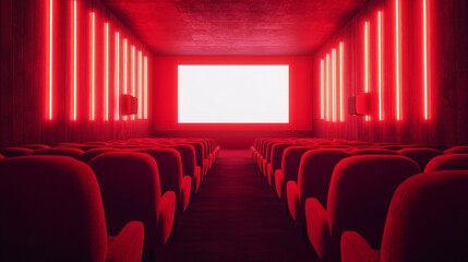 Fototapeta premium A modern movie theater interior with red lighting and empty seats, providing a vibrant atmosphere for cinematic experiences.