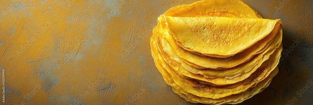 Poster golden crepes are neatly stacked, showcasing their fluffy texture and inviting color, perfect for br