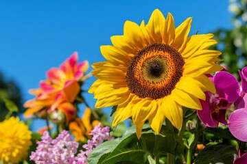Obraz premium A vibrant sunflower shines brightly among colorful blooms in a clear blue sky. This stunning floral image captures summer beauty and joy. Generative AI