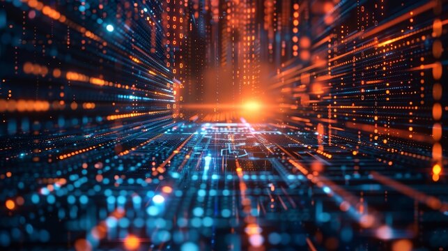 Abstract numerical background, including binary code and artificial intelligence algorithms. A futuristic scene with abstract visual representation of flowing code and advanced technology.
