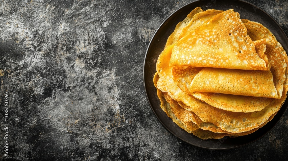 Poster a stack of golden crepes rests on a dark plate, showcasing their delicate texture and inviting appea