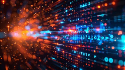 Obraz premium Abstract numerical background, including binary code and artificial intelligence algorithms. A futuristic scene with abstract visual representation of flowing code and advanced technology.