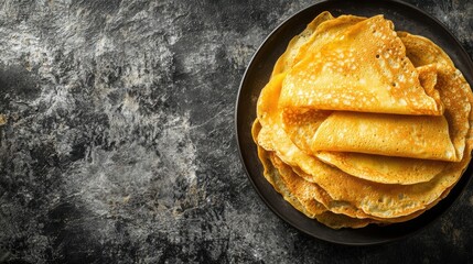 A stack of golden crepes rests on a dark plate, showcasing their delicate texture and inviting appearance for a delicious meal. Generative AI