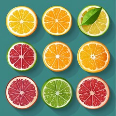 Fototapeta premium Citrus Fruit Slices Lemon Lime Orange Grapefruit Flat Lay Top View