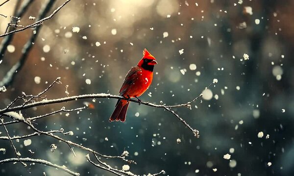 Red cardinal on a branch in the forest