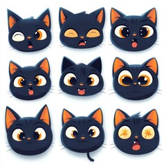 Fototapeta premium Cute Black Cat Cartoon Faces with Different Expressions Emojis Avatar Emoticons Vector