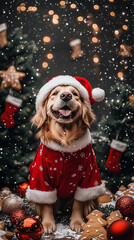 Xmas vibes - christmas mood - happy funny cute golden retriever wearing santa claus hat in front of...