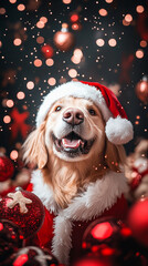 Xmas vibes - christmas mood - happy funny cute golden retriever wearing santa claus hat in front of...