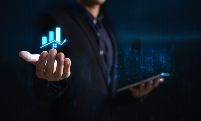 real estate investment concept energy efficiency rating and property value, Real estate online on virtual screens. new home for the family, home search, land price, property tax.