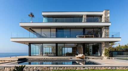 A contemporary two-story villa by the sea, featuring a large terrace and an empty pool space in front. The villa is constructed with stone and glass