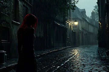 Mysterious woman in red hair stands on rain-soaked cobblestone street at night