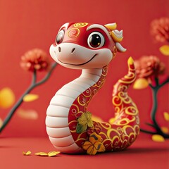 Fototapeta premium Cute snake on red background in Chinese style. Symbol of the new year 2025. Wallpaper, banner, background