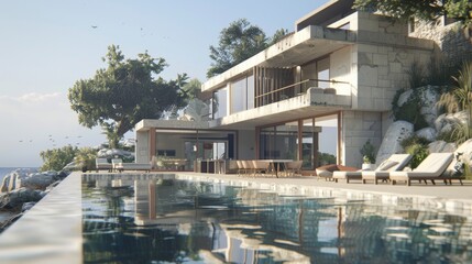 Obraz premium A contemporary two-story villa by the sea, featuring a large terrace and an empty pool space in the front. The villa is constructed with stone and glass