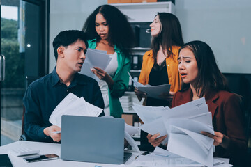 Stress, business people and employee frustrated with multitasking, pressure or overworked by team...
