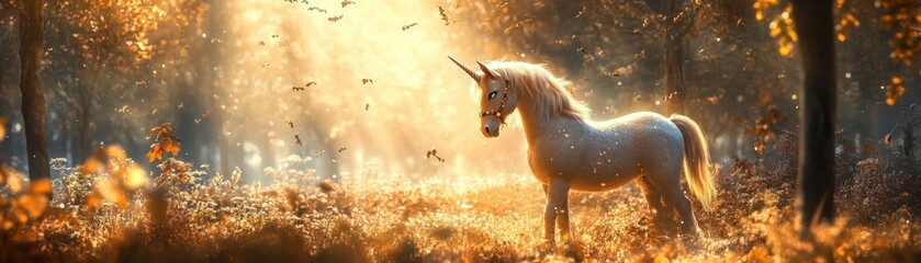Naklejka premium A majestic white unicorn stands in a sunlit forest.
